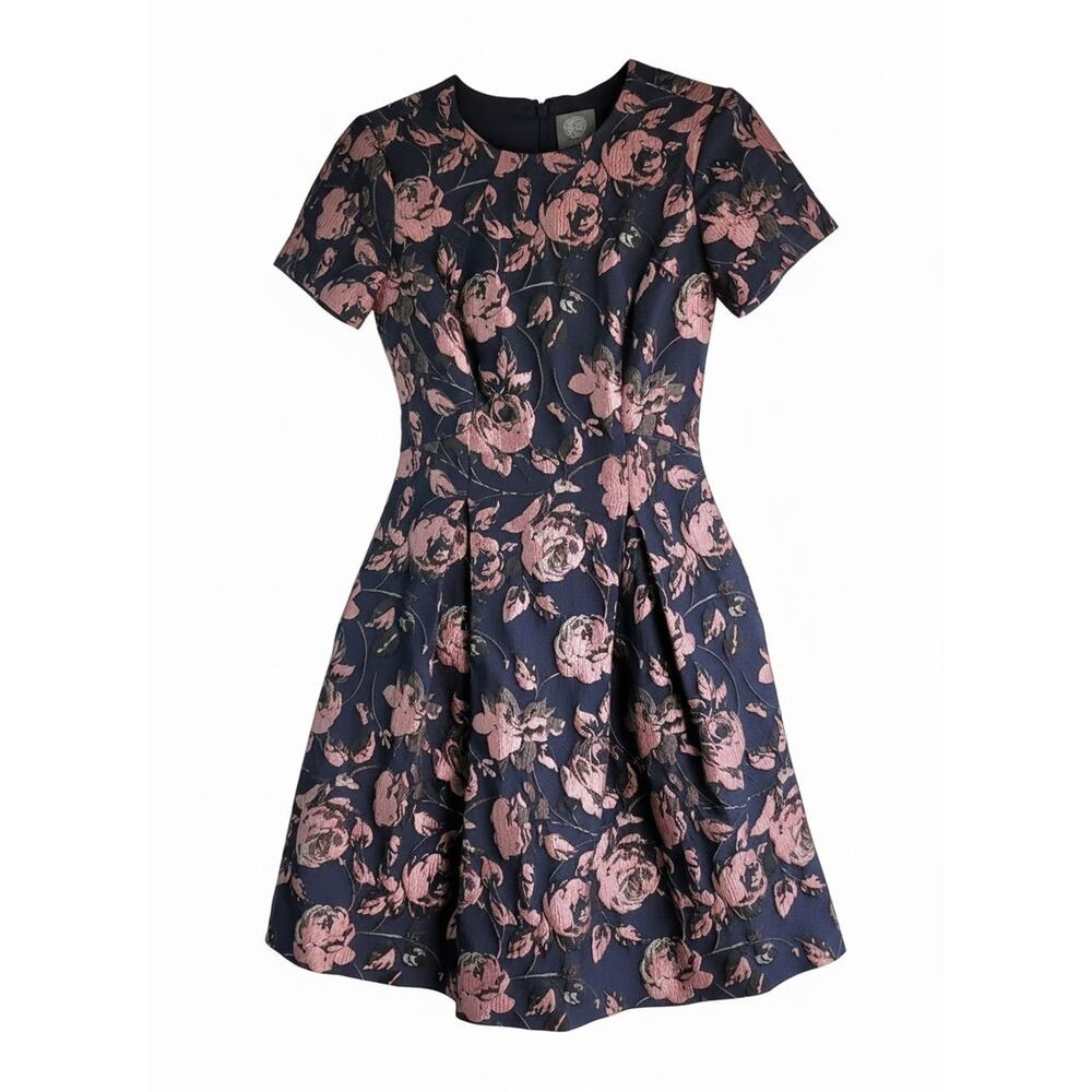 Vince Camuto Navy Blue & Rose Gold Floral Fit & Flare Short Sleeve Dress Size 0